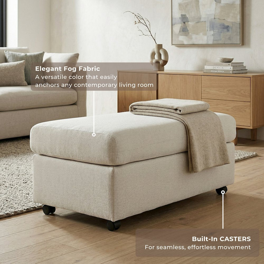 Wilson Contemporary Upholstered Cocktail Ottoman with Casters, Fog Beige