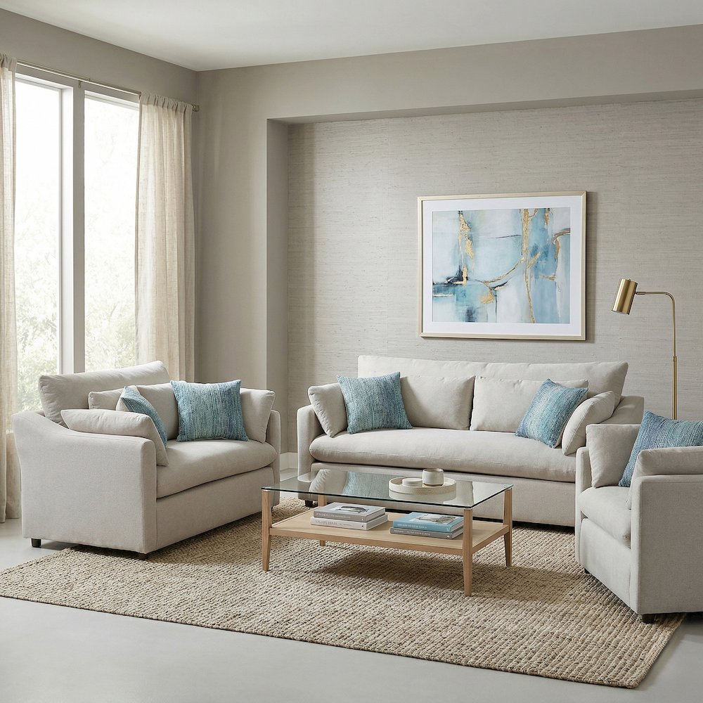 Wilson 3-Piece Living Room Set, Sofa Loveseat and Cuddle Chair, Fog Beige