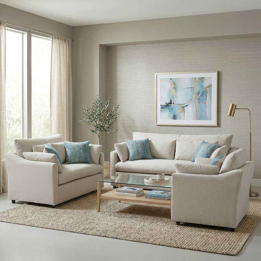Wilson 3-Piece Living Room Set, Sofa Loveseat and Cuddle Chair, Fog Beige