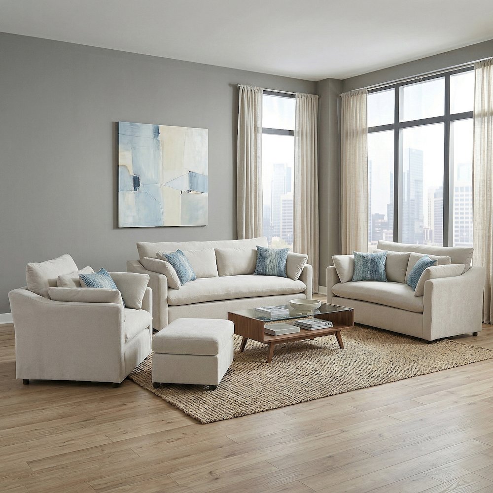 Wilson 4-Piece Living Room Set, Sofa Loveseat Cuddle Chair, Ottoman, Fog Beige