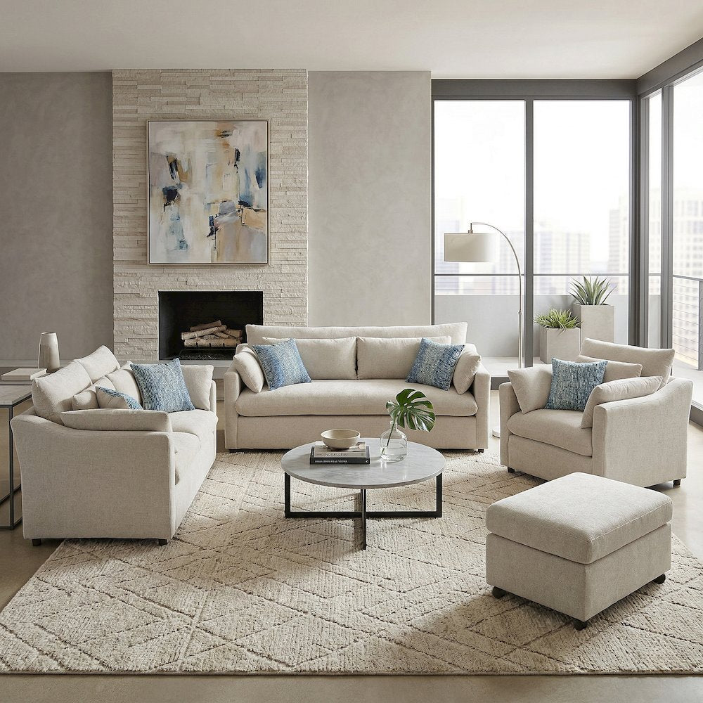 Wilson 4-Piece Living Room Set, Sofa Loveseat Cuddle Chair, Ottoman, Fog Beige