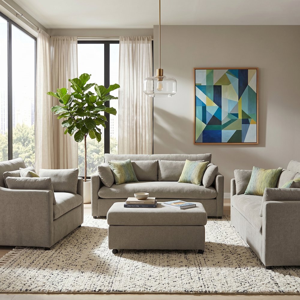 Wilson 4-Piece Living Room Set, Sofa Loveseat Cuddle Chair, Ottoman, Olive Green