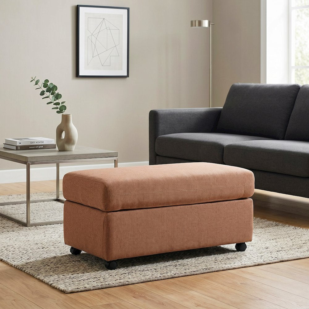Wilson Contemporary Upholstered Cocktail Ottoman with Casters, Sunset Rust