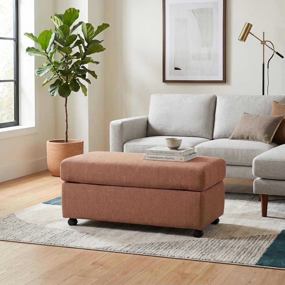 Wilson Contemporary Upholstered Cocktail Ottoman with Casters, Sunset Rust