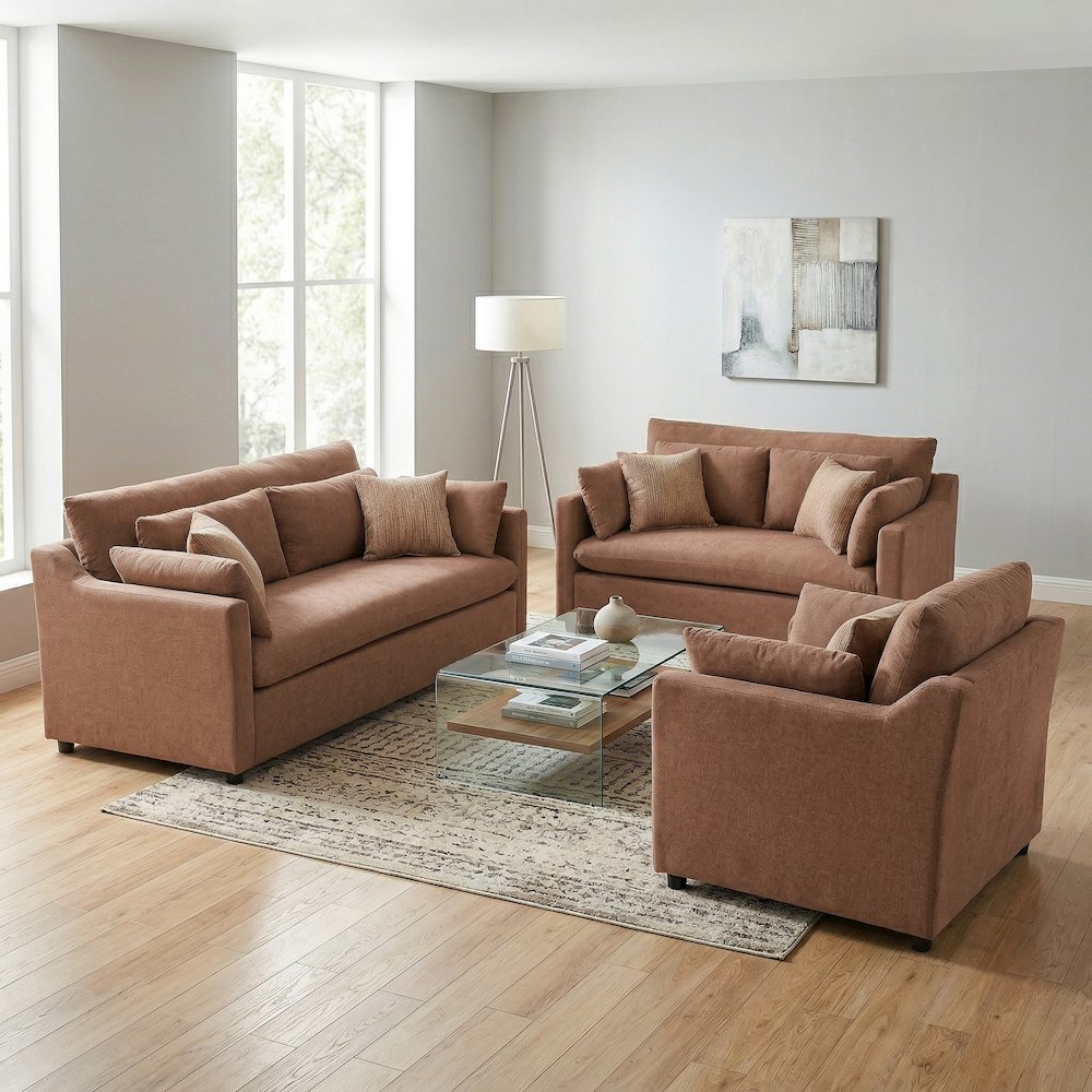 Wilson 3-Piece Living Room Set, Sofa Loveseat and Cuddle Chair, Sunset Rust