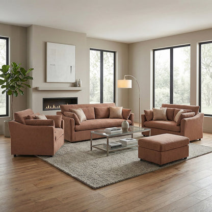 Wilson 4-Piece Living Room Set, Sofa Loveseat Cuddle Chair, Ottoman, Sunset Rust