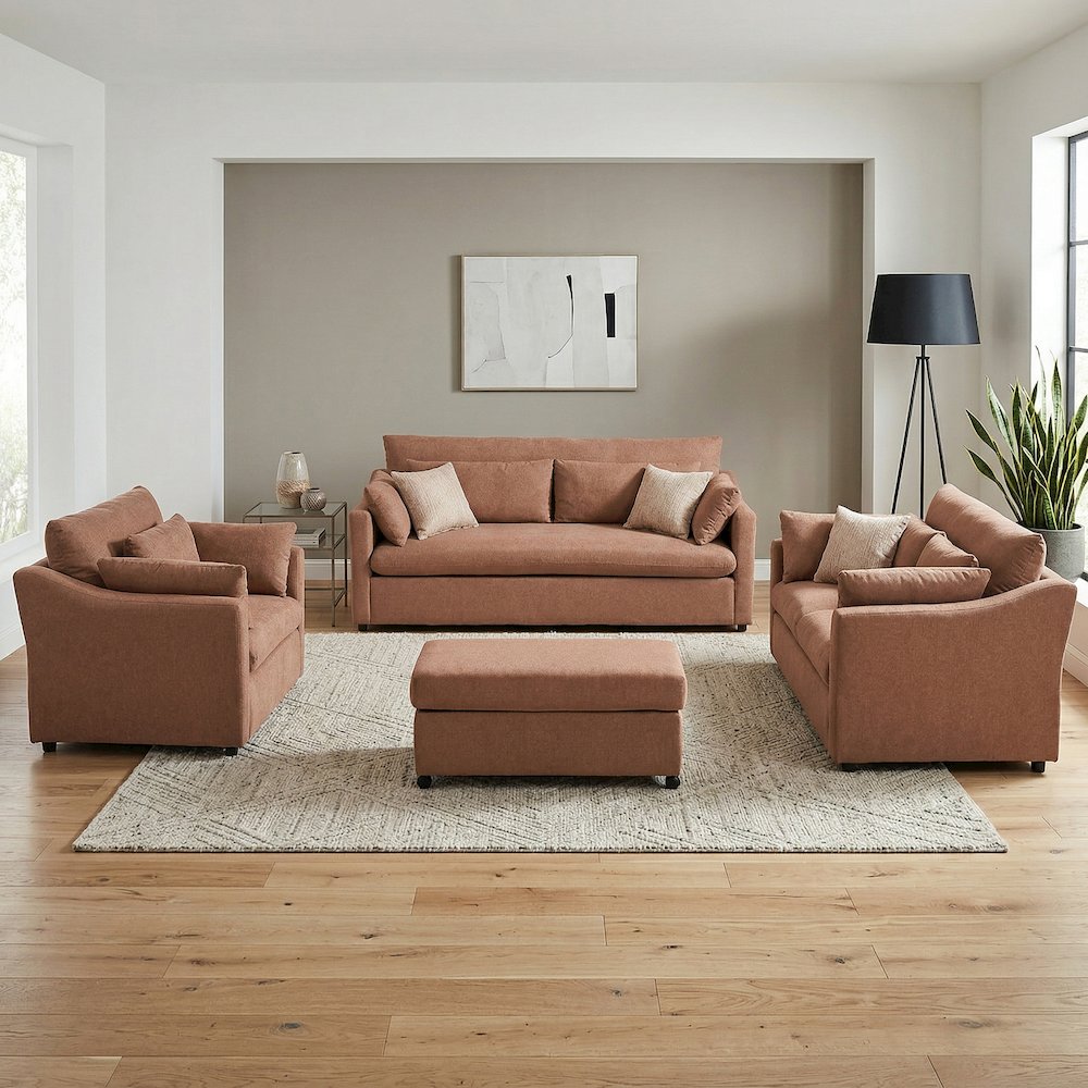 Wilson 4-Piece Living Room Set, Sofa Loveseat Cuddle Chair, Ottoman, Sunset Rust