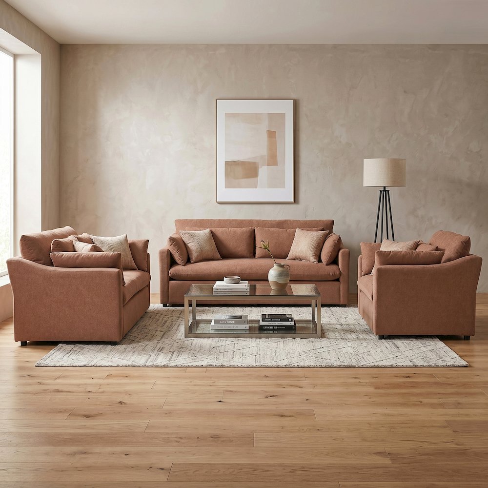 Wilson 4-Piece Living Room Set, Sofa Loveseat Cuddle Chair, Ottoman, Sunset Rust