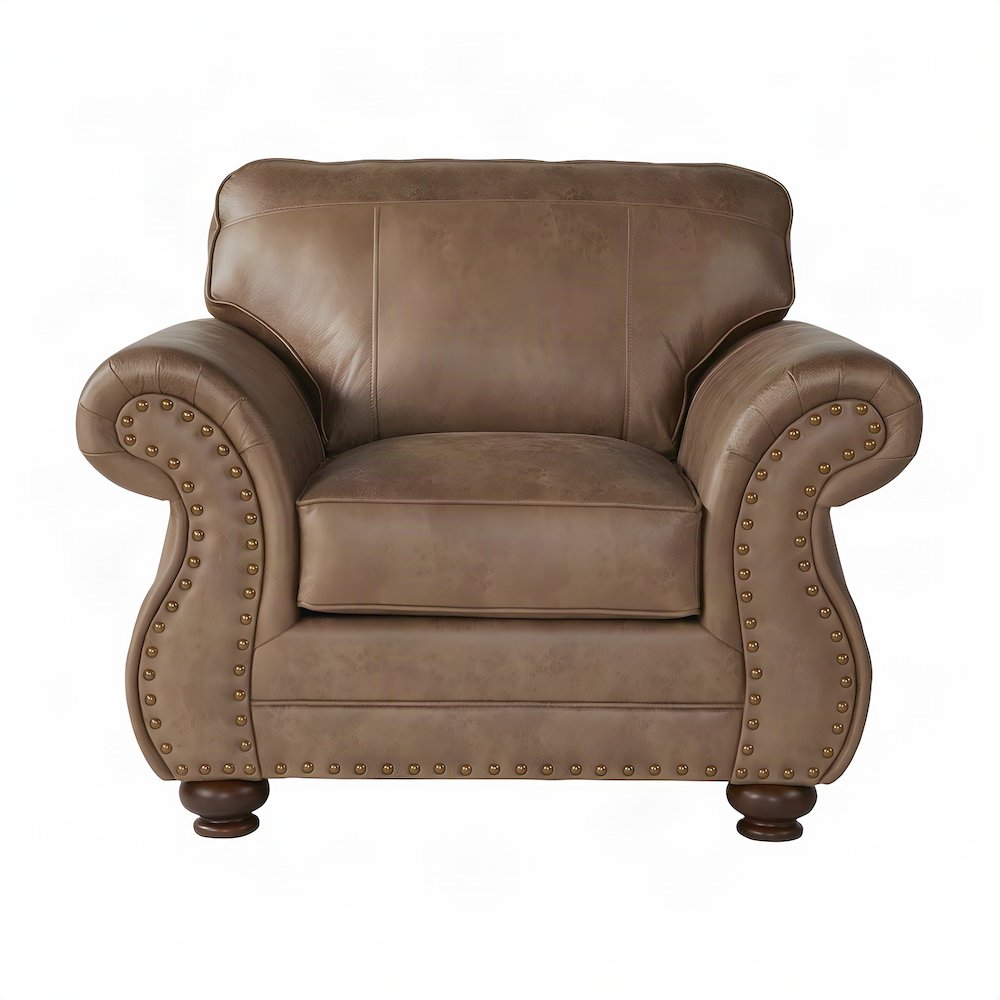 Faux Leather Accent Chair with Nailhead Trim and Solid Wood Legs, Ginger Brown