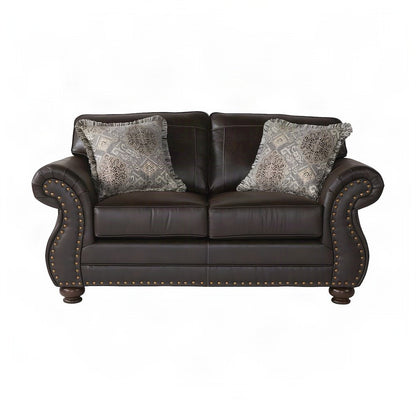 Faux Leather Nailhead Loveseat with Solid Wood Frame, Settee, Espresso