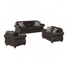 Solid Wood Faux Leather Nailhead Sofa, Loveseat, and Chair 3 Piece Set, Espresso