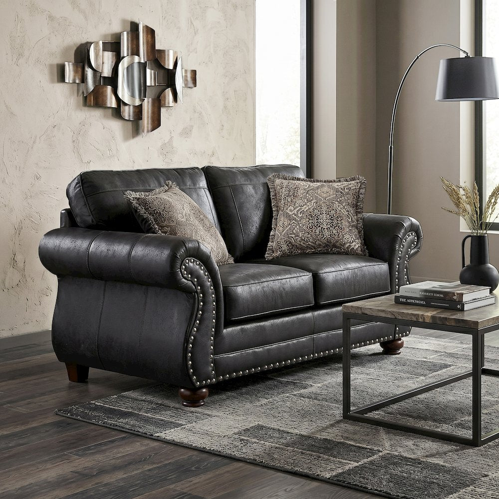 Leinster Faux Leather Upholstered Nailhead Loveseat, Black
