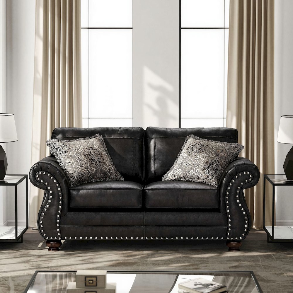 Leinster Faux Leather Upholstered Nailhead Loveseat, Black