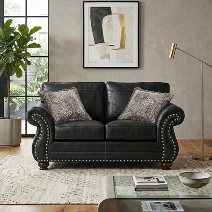 Leinster Faux Leather Upholstered Nailhead Loveseat, Black