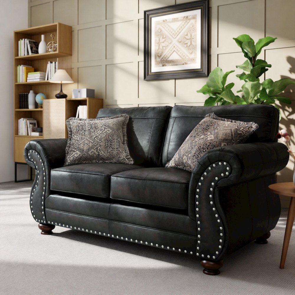 Leinster Faux Leather Upholstered Nailhead Loveseat, Black
