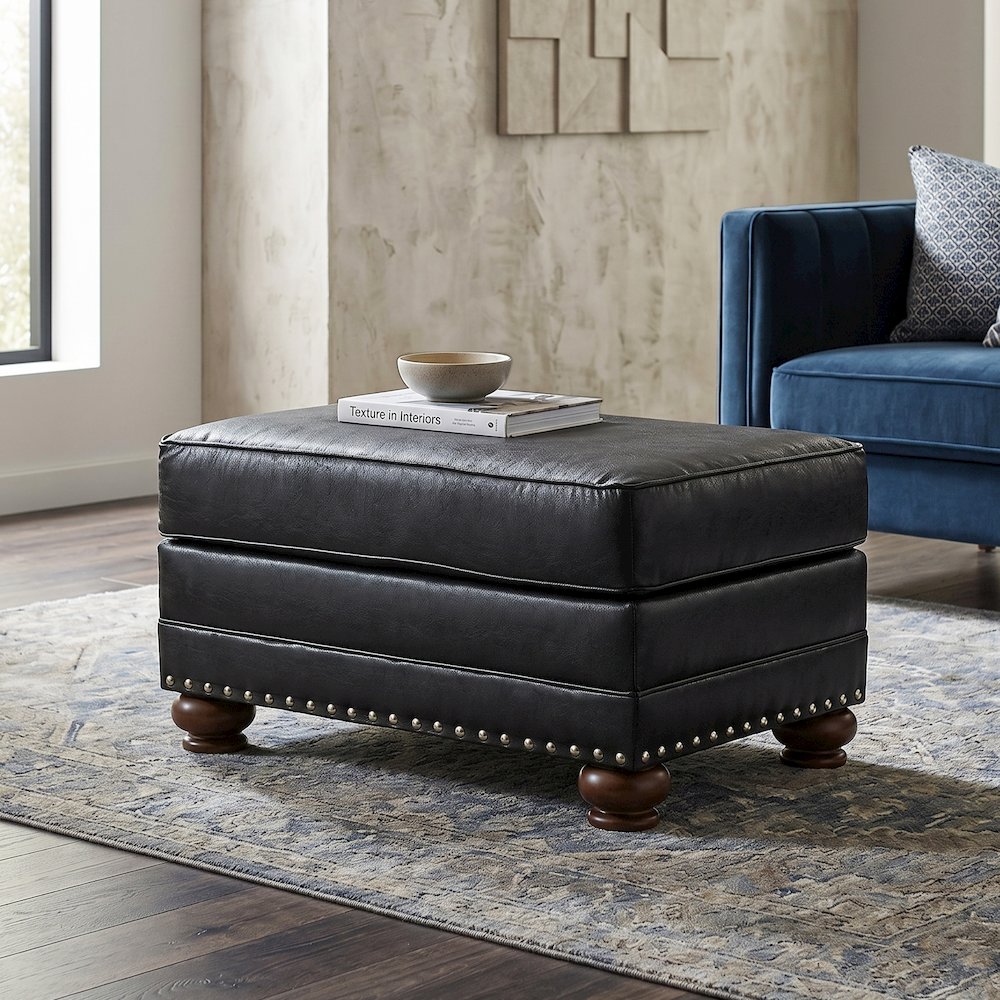 Leinster Faux Leather Upholstered Nailhead Cocktail Ottoman, Black