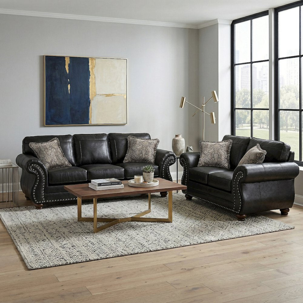 Leinster 2-Piece Living Room Set, Sofa and Loveseat, Black