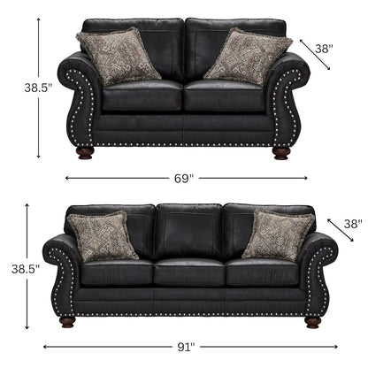 Leinster 2-Piece Living Room Set, Sofa and Loveseat, Black