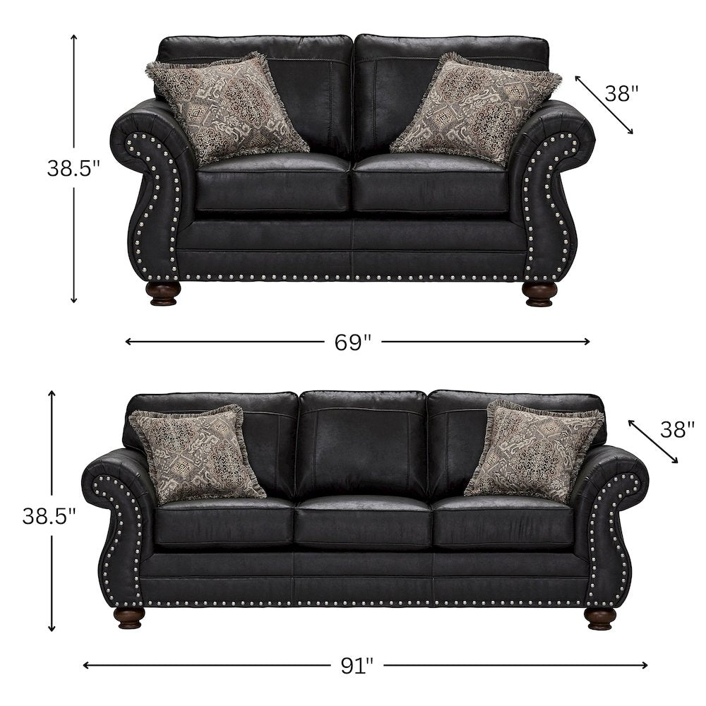 Leinster 3-Piece Living Room Set, Sofa Loveseat and Chair, Black