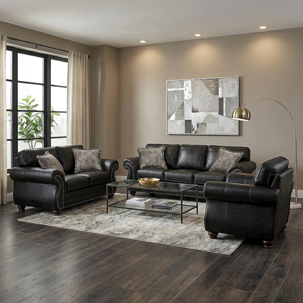 Leinster 3-Piece Living Room Set, Sofa Loveseat and Chair, Black