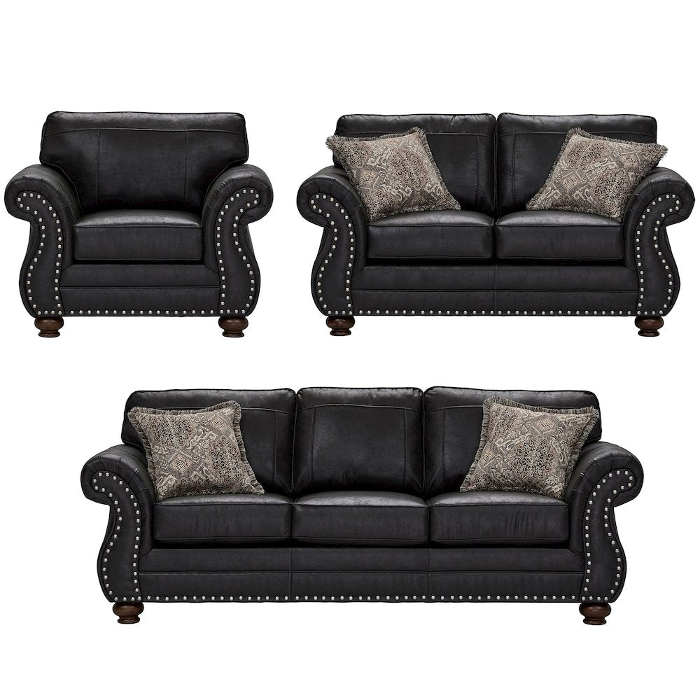 Leinster 3-Piece Living Room Set, Sofa Loveseat and Chair, Black