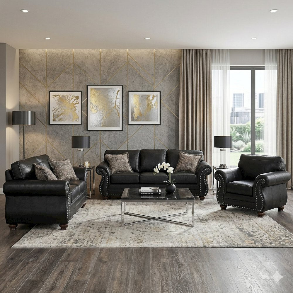 Leinster 3-Piece Living Room Set, Sofa Loveseat and Chair, Black