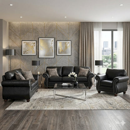 Leinster 3-Piece Living Room Set, Sofa Loveseat and Chair, Black