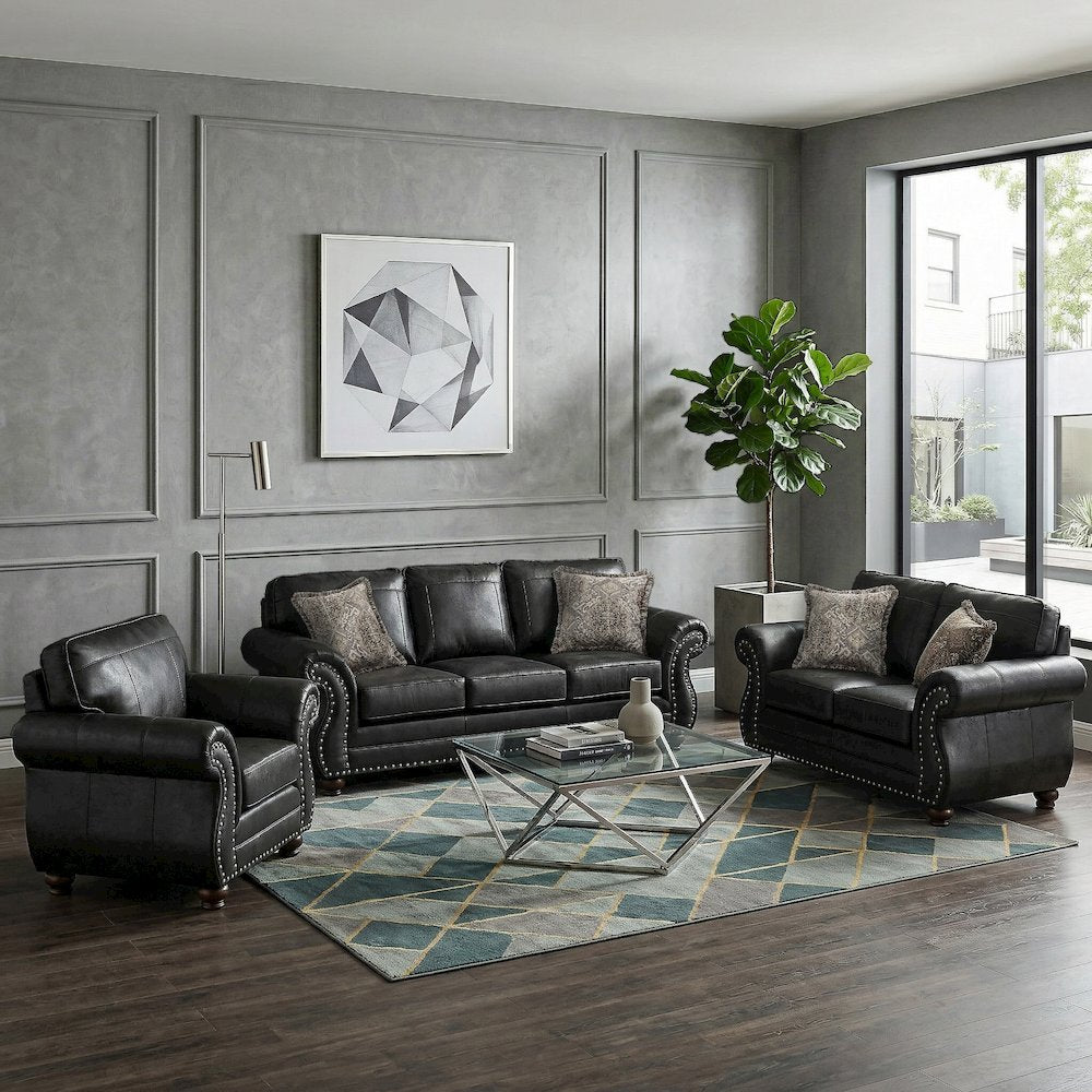 Leinster 3-Piece Living Room Set, Sofa Loveseat and Chair, Black