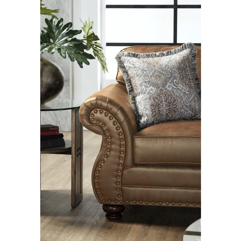 Leinster Faux Leather Loveseat with Antique Bronze Nailheads in Jetson Ginger