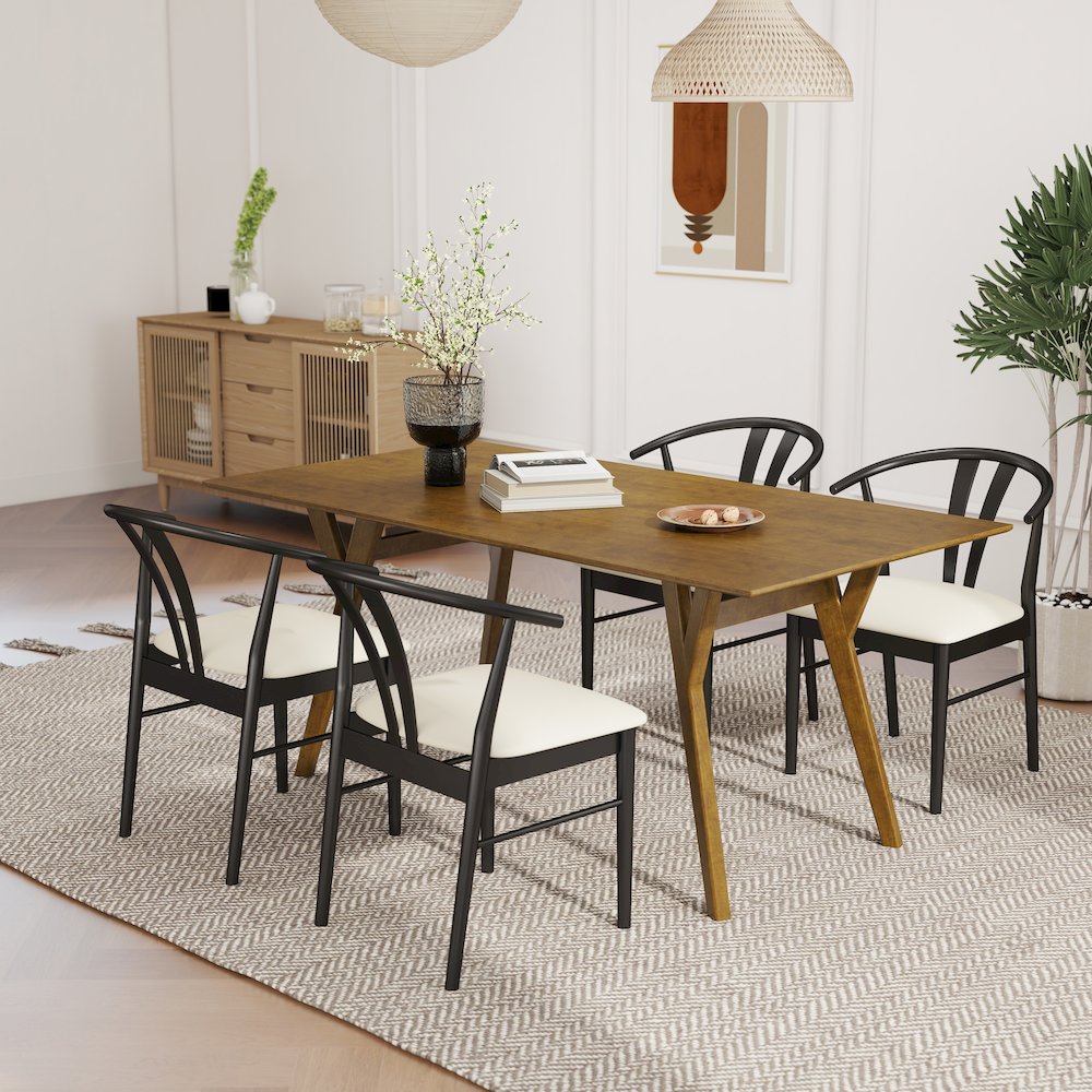 5-Piece Dining Set, Walnut Finished Dining Table with 4 Black Wishbone Chairs