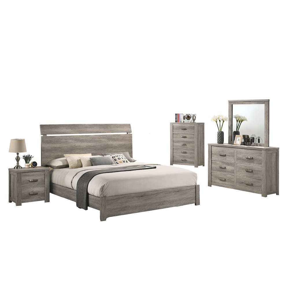 Weathered Gray Wood Bedroom Set, King Bed, Dresser, Mirror, Nightstand, Chest