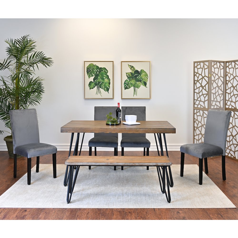 Ashzo 6-Pc Dining Set, Hairpin Dining Table with 4 Chairs and Bench, Gray