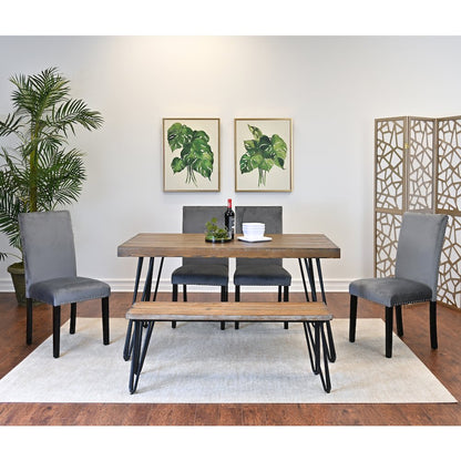 Ashzo 6-Pc Dining Set, Hairpin Dining Table with 4 Chairs and Bench, Gray
