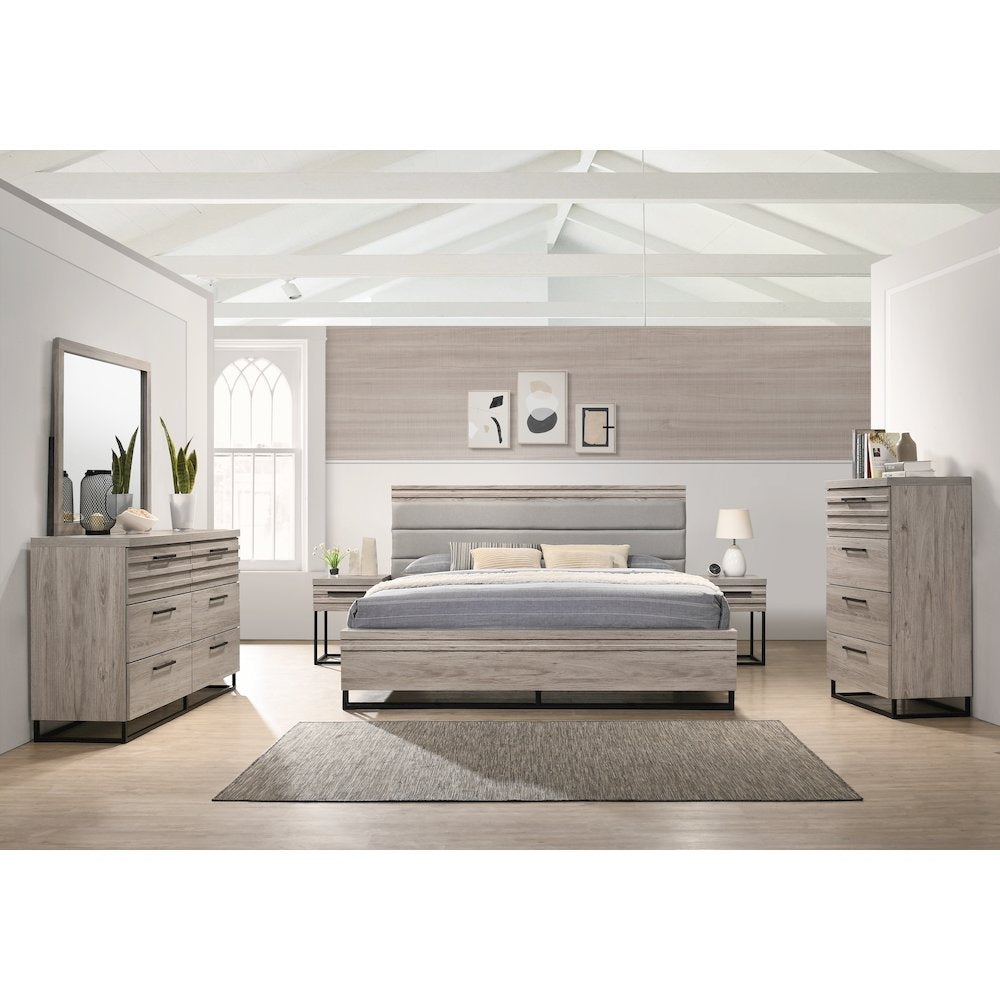Panel Bed, Dresser, Mirror, 2 Nightstands, and Chest, Weathered Gray, King