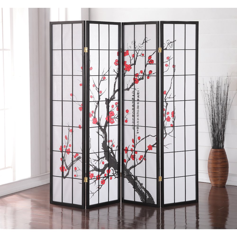 Julie Black Japanese 4-Panel Screen Room Divider, Plum Blossom