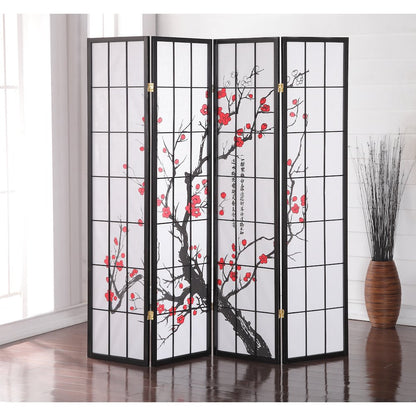 Julie Black Japanese 4-Panel Screen Room Divider, Plum Blossom