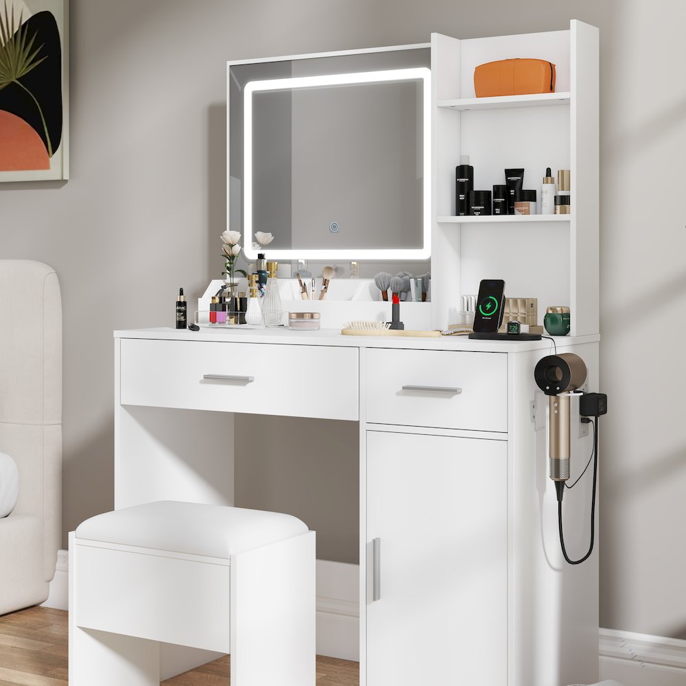 Makeup Vanity Set, Vanity Desk with Stool, LED Light Mirror, White