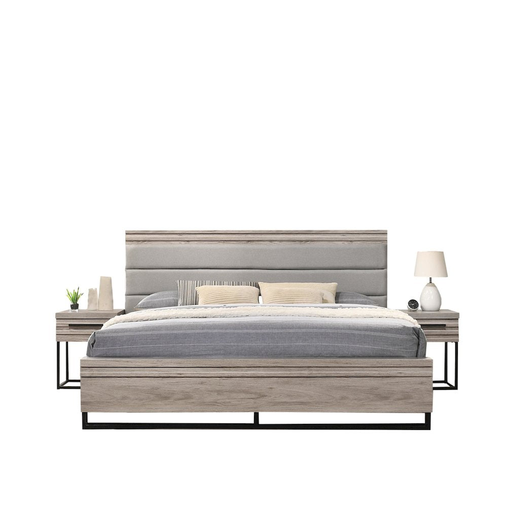 3-Piece Wood Bedroom Set, Queen Panel Bed and Two Nightstands, Weathered Gray