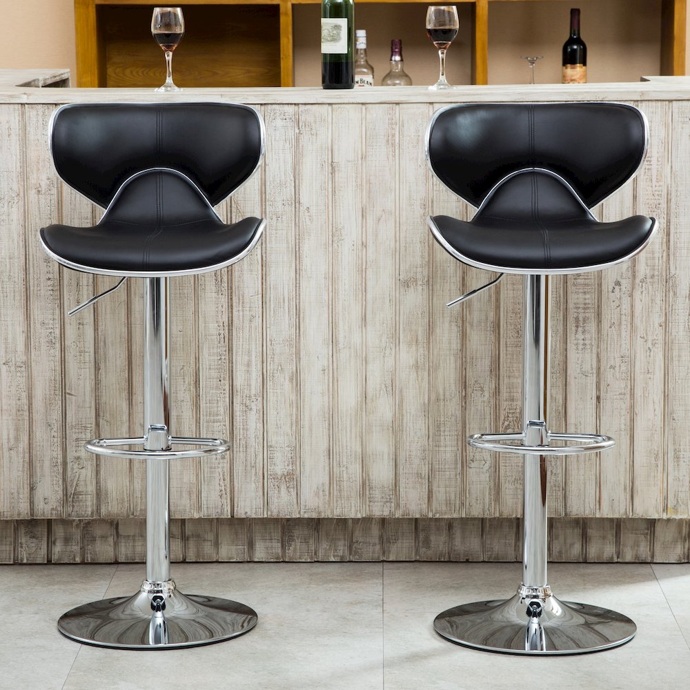 Masaccio Black Leatherette Adjustable Swivel Barstool Chrome Base, Set of 2