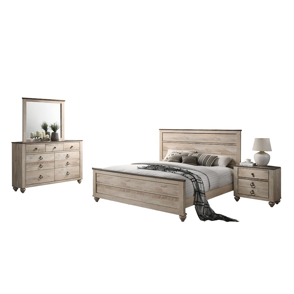 White Wash Finish 4-Piece Bedroom Set-Queen Bed, Dresser, Mirror, Nightstand