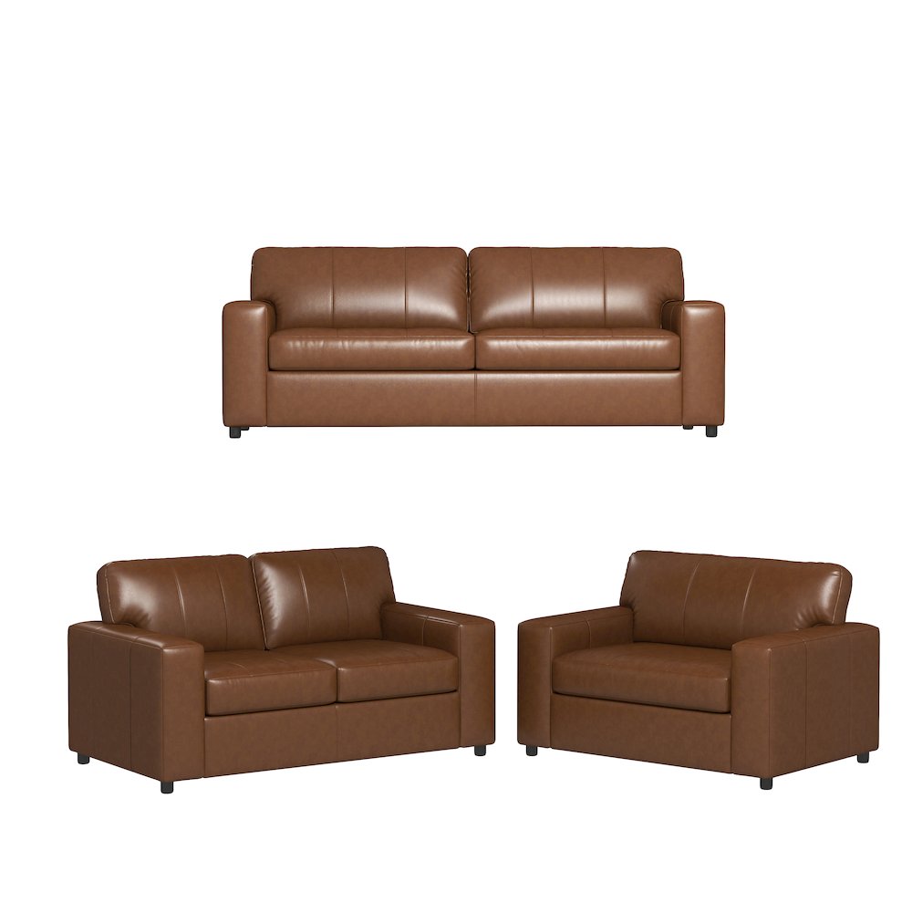 Sakan Leather 3-Pc Living Room Set, Sofa Loveseat and Chair, Caramel