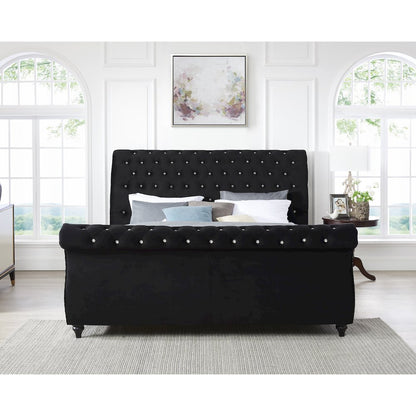 Evora Black Velvet Upholstered Crystal Button Tufted Sleigh Bed, King