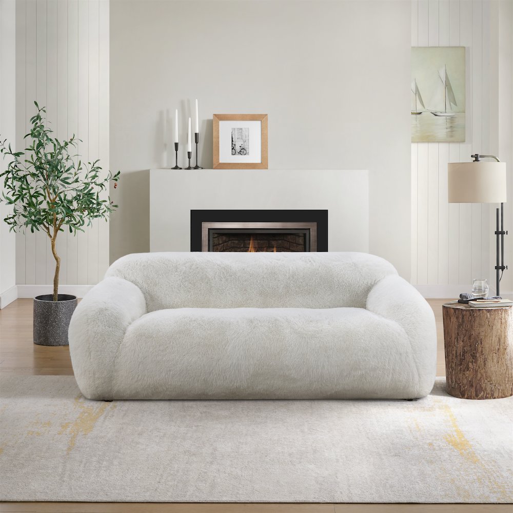Adell Polar Bear Faux Fur Upholstered Sofa, Ivory White