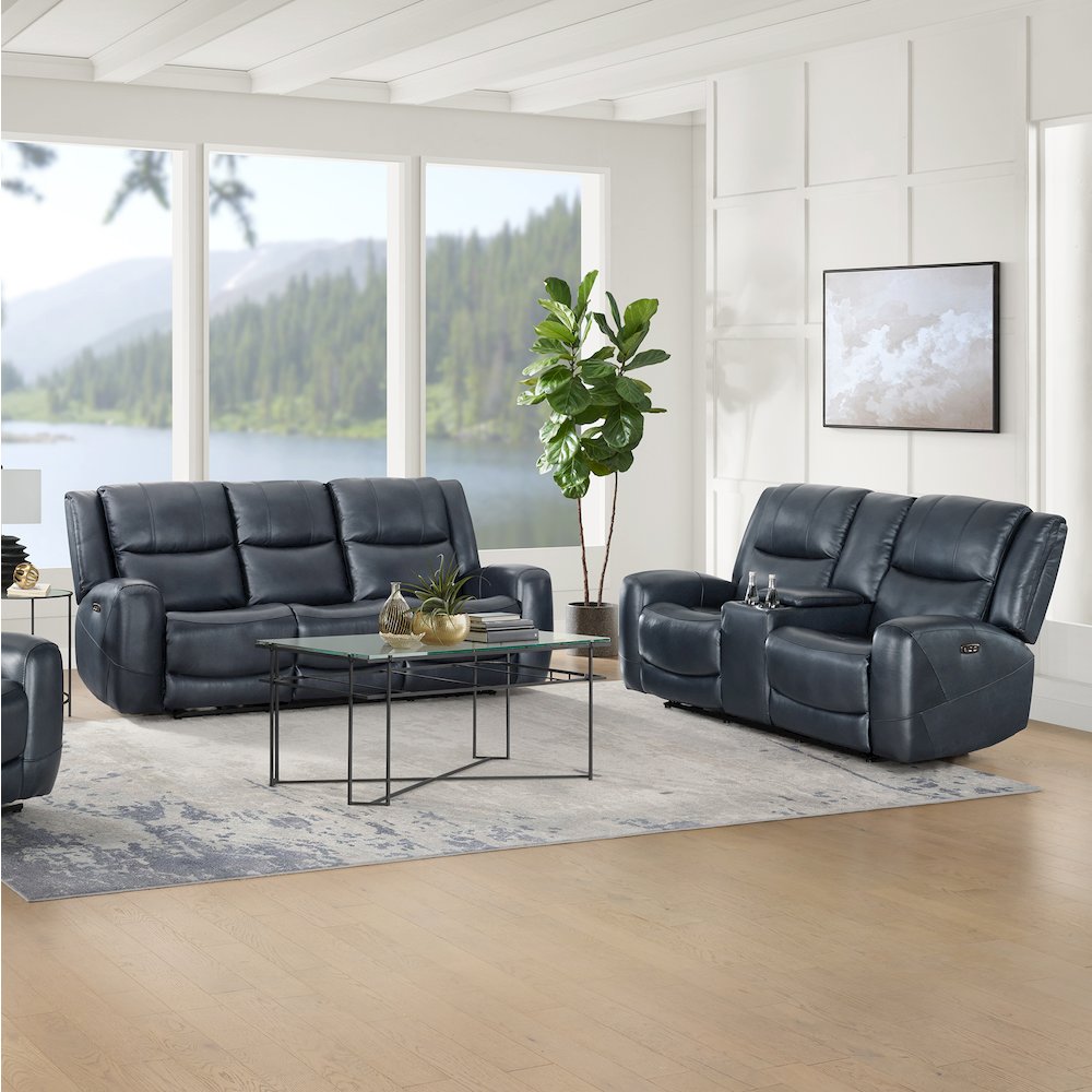 Cozura Leather Power Recling Sofa and Loveseat, Chesapeake Blue