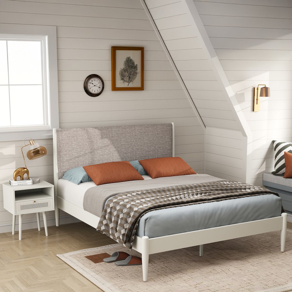 Feeney 2-Piece Bedroom Set, Platform Bed with Nightstand, Cream White, Queen
