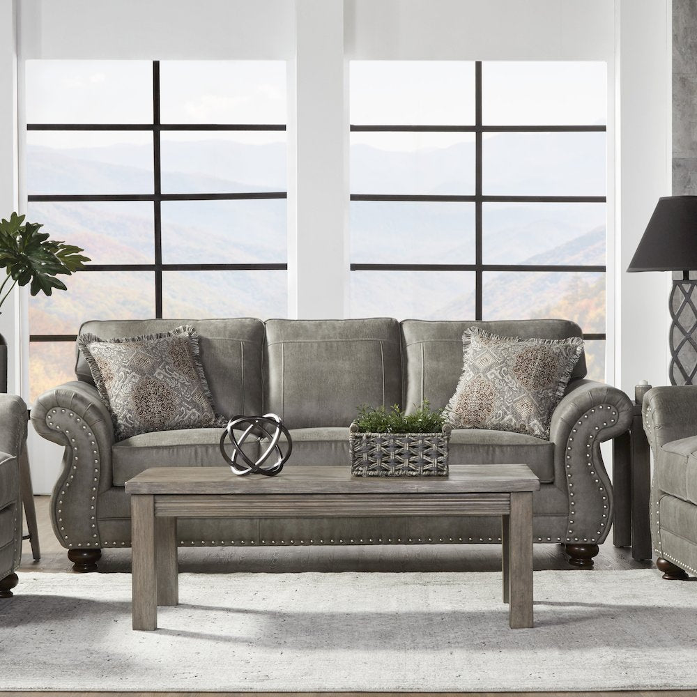 Leinster Faux Leather Upholstered Nailhead Sofa in Stone Gray