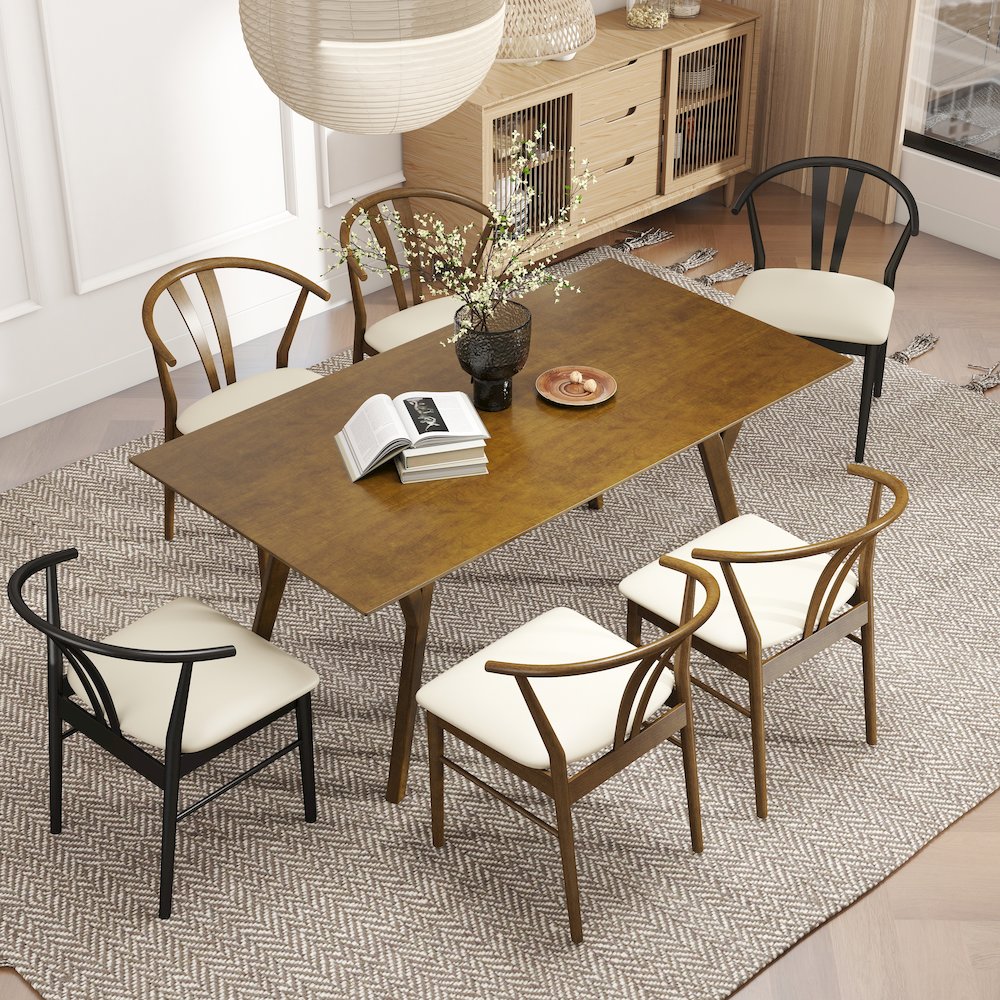 7-Piece Dining Set, Wood Dining Table with 4 Walnut and 2 Black Wishbone Chairs