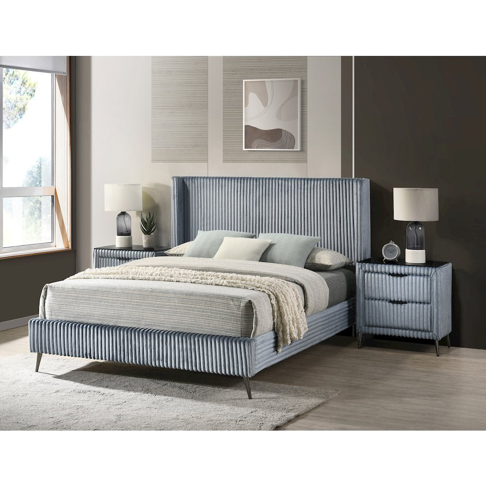 Mavela Wide Wale Corduroy Panel Queen Bed with 2 Nightstands and Bench, Blue