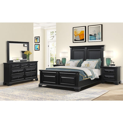 Vintage Black Wood Bedroom Set, Queen Panel Bed, Dresser, Mirror, 2 Nightstands