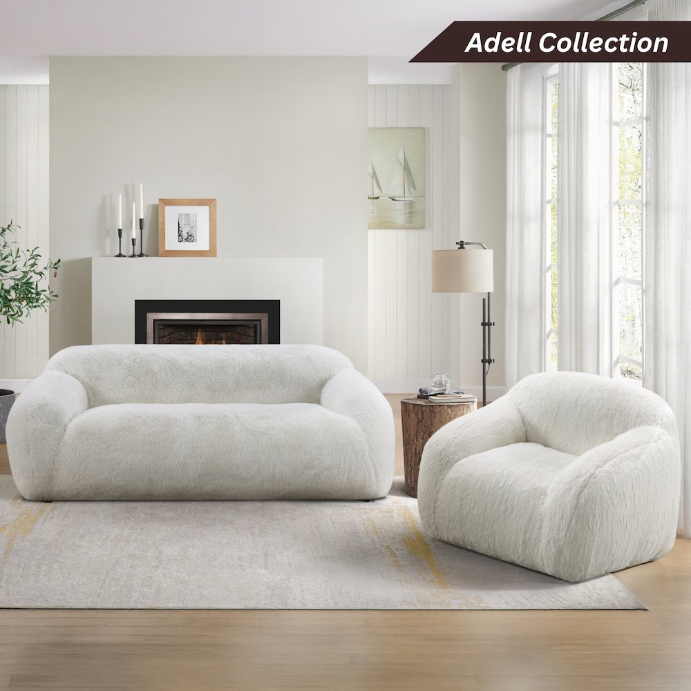 Adell Polar Bear Faux Fur Upholstered Sofa, Ivory White